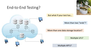 End-to-End Testing?
But what if your test has…
More than two “ends”?
More than one data storage location?
Multiple API’s?
Multiple UI’s?
 