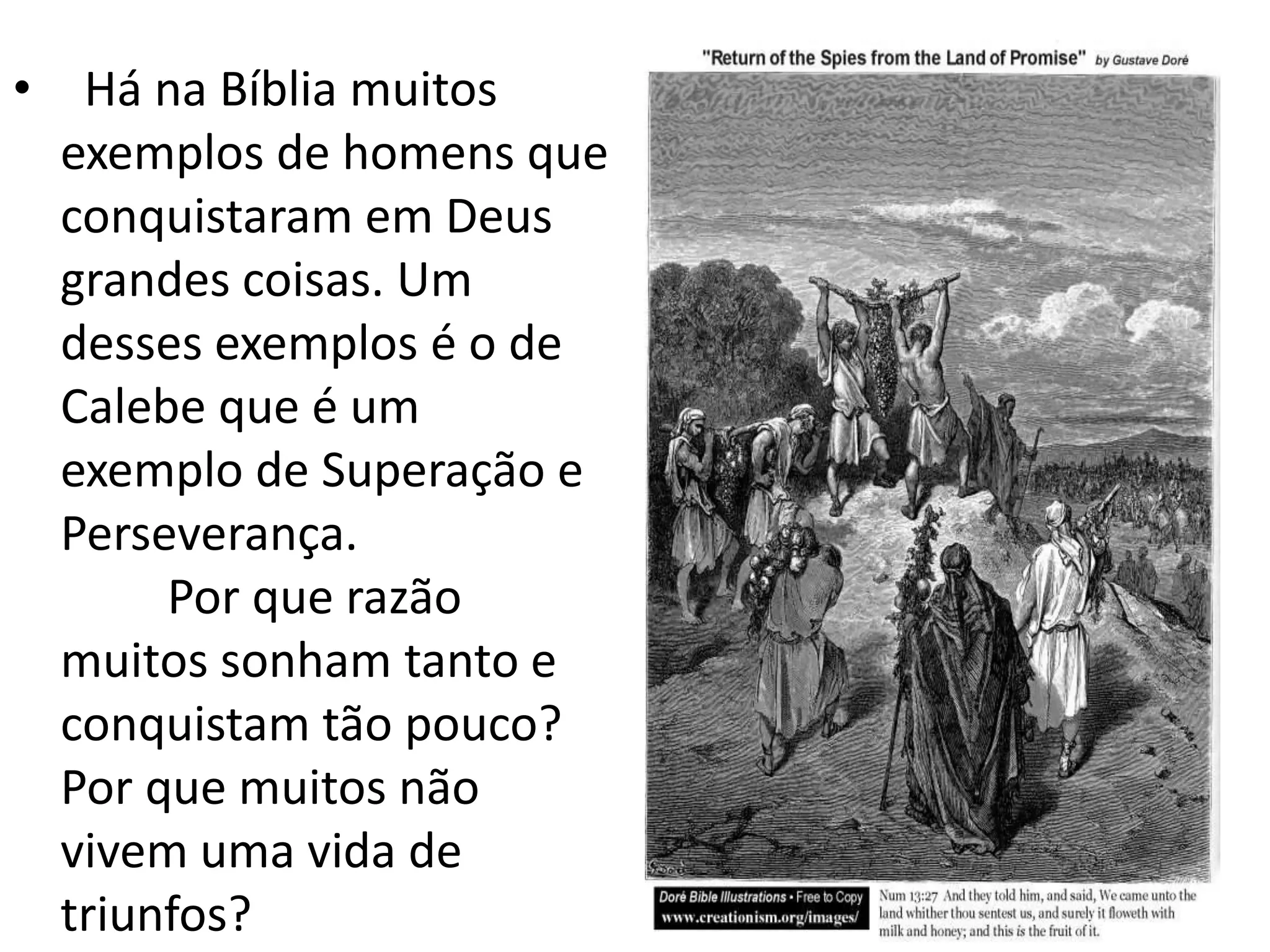 • Há na Bíblia muitos
  exemplos de homens que
  conquistaram em Deus
  grandes coisas. Um
  desses exemplos é o de
  Calebe que é um
  exemplo de Superação e
  Perseverança.
       Por que razão
  muitos sonham tanto e
  conquistam tão pouco?
  Por que muitos não
  vivem uma vida de
  triunfos?
 