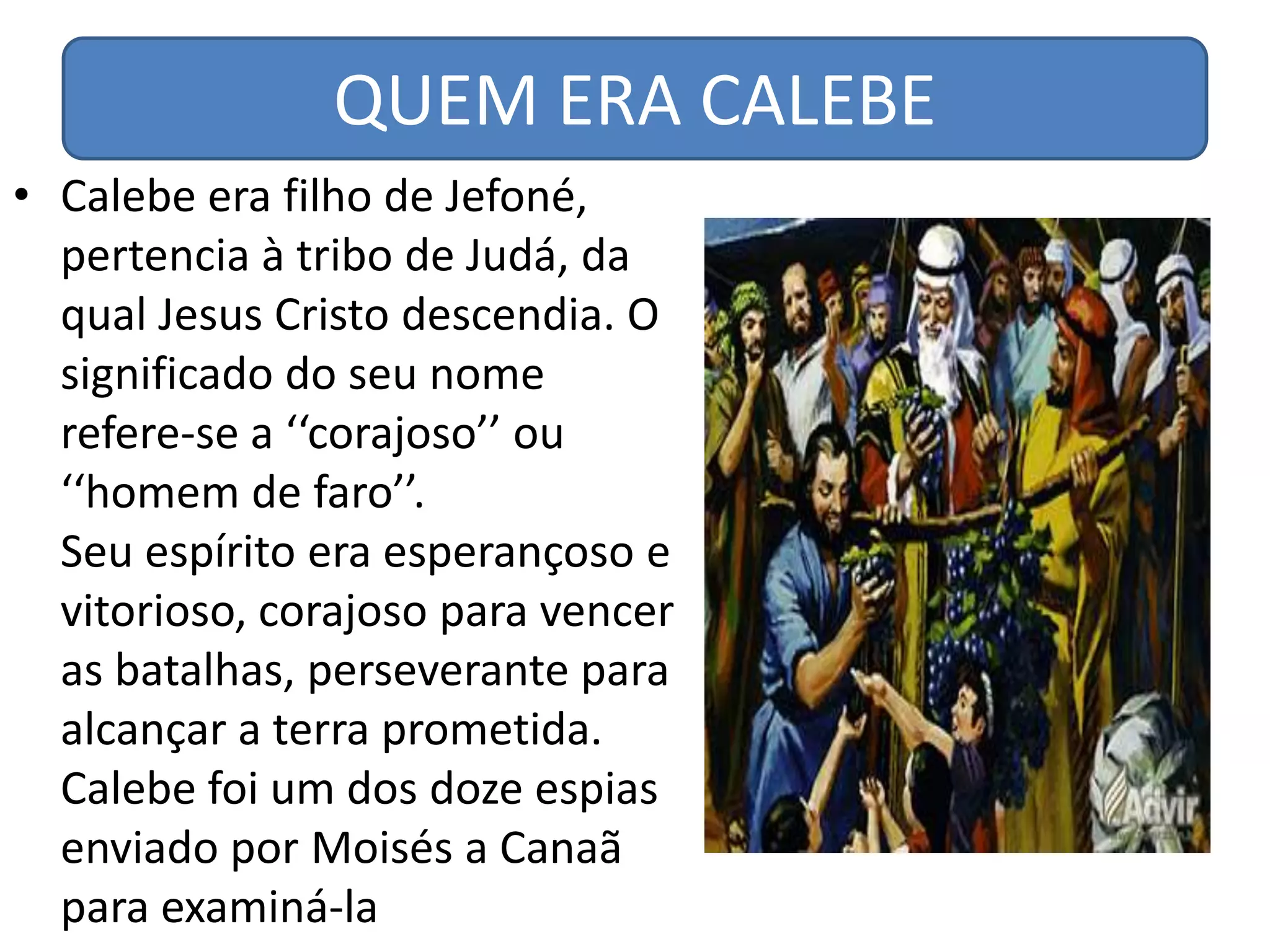 QUEM ERA CALEBE
• Calebe era filho de Jefoné,
  pertencia à tribo de Judá, da
  qual Jesus Cristo descendia. O
  significado do seu nome
  refere-se a ‘‘corajoso’’ ou
  ‘‘homem de faro’’.
  Seu espírito era esperançoso e
  vitorioso, corajoso para vencer
  as batalhas, perseverante para
  alcançar a terra prometida.
  Calebe foi um dos doze espias
  enviado por Moisés a Canaã
  para examiná-la
 