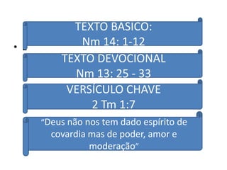 TEXTO BASICO:
• E          Nm 14: 1-12
          TEXTO DEVOCIONAL
            Nm 13: 25 - 33
           VERSÍCULO CHAVE
               2 Tm 1:7
      “Deus não nos tem dado espírito de
        covardia mas de poder, amor e
                 moderação”
 