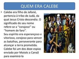 QUEM ERA CALEBE
• Calebe era filho de Jefoné,
  pertencia à tribo de Judá, da
  qual Jesus Cristo descendia. O
  significado do seu nome
  refere-se a ‘‘corajoso’’ ou
  ‘‘homem de faro’’.
  Seu espírito era esperançoso e
  vitorioso, corajoso para vencer
  as batalhas, perseverante para
  alcançar a terra prometida.
  Calebe foi um dos doze espias
  enviado por Moisés a Canaã
  para examiná-la
 