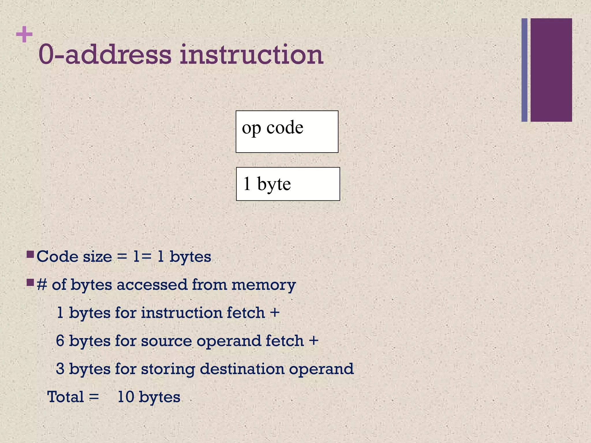+
0-address instruction
Code size = 1= 1 bytes
# of bytes accessed from memory
1 bytes for instruction fetch +
6 bytes for source operand fetch +
3 bytes for storing destination operand
Total = 10 bytes
1 byte
op code
 