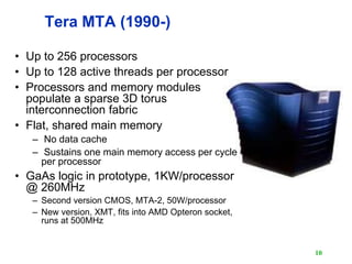 10
Tera MTA (1990-)
• Up to 256 processors
• Up to 128 active threads per processor
• Processors and memory modules
popula...