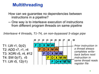 4
Multithreading
How can we guarantee no dependencies between
instructions in a pipeline?
-- One way is to interleave exec...
