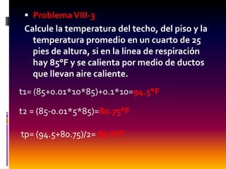  Problema VIII-3
 Calcule la temperatura del techo, del piso y la
   temperatura promedio en un cuarto de 25
   pies de altura, si en la línea de respiración
   hay 85°F y se calienta por medio de ductos
   que llevan aire caliente.
t1= (85+0.01*10*85)+0.1*10=94.5°F

t2 = (85-0.01*5*85)=80.75°F

tp= (94.5+80.75)/2= 87.6°F
 