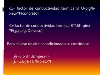 K1= factor de conductividad térmica BTU-plg/h-
pie2-°F(concreto)

 C= factor de conductividad térmica BTU/h-pie2-
 °F(3/4 plg. De yeso)


Para el caso de aire acondicionado se considera:


    fe=6.0 BTU/h-pie2-°F
    fi= 1.65 BTU/h-pie2-°F
 