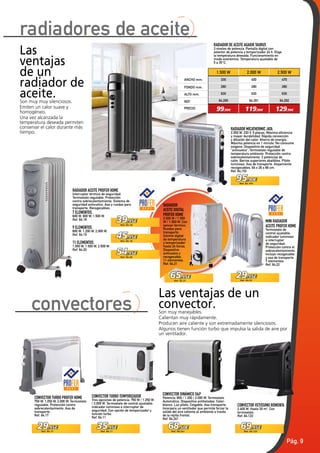 Pág. 9
39,95€
Ref. 64.18
45,95€
Ref. 64.19
54,95€
Ref. 64.20
65,95€
Ref. 64.21
29,95€
Ref. 64.22
68,50€
Ref. 64.241
35,95€
Ref. 64.11
29,95€
Ref. 64.17
69,95€
Ref. 64.122
95,90€
Ref. 64.153
RADIADOR ACEITE PROFER HOME
Interruptor térmico de seguridad.
Termostato regulable. Protección
contra sobrecalentamiento. Sistema de
seguridad antivuelco. Asa y ruedas para
transporte. Recogecables.
7 ELEMENTOS.
600 W, 900 W, 1.500 W.
Ref. 64.18
9 ELEMENTOS.
800 W, 1.200 W, 2.000 W.
Ref. 64.19
11 ELEMENTOS.
1.000 W, 1.500 W, 2.500 W.
Ref. 64.20
RADIADOR MICATHERMIC JATA
2.000 W. 230 V. 5 placas. Máxima eficiencia
y mayor durabilidad. Rápida convección
y difusión del calor. Ahorro de energía.
Máxima potencia en 1 minuto. No consume
oxígeno. Dispositivo de seguridad
“antivuelco”. Termostato regulable de
temperatura ambiente. Protección contra
sobrecalentamiento. 2 potencias de
calor. Barras superiores abatibles. Piloto
luminoso. Asa de transporte. Alojamiento
recogecables. 64 x 26 x 66 cm.
Ref. 64.153
RADIADOR
ACEITE DIGITAL
PROFER HOME
2.500 W / 1.500
W / 1.000 W. Con
sensor térmico.
Ruedas para
transporte.
Control digital
de temperatura
y temporizador
hasta 24 horas.
Dispositivo
antivuelco y
recogecable.
11 elementos.
Ref. 64.21
MINI RADIADOR
ACEITE PROFER HOME
Termostato de
control ajustable,
indicador luminoso
e interruptor
de seguridad.
Protección contra el
sobrecalentamiento.
Incluye recogecable
y asa de transporte
7 elementos.
Ref. 64.22
CONVECTOR DINÁMICO S&P
Potencia: 800 / 1.200 / 2.000 W. Termostato
Automático. Dispositivo antiheladas. Color:
blanco. Luz piloto. Colgable. Asa transporte.
Incorpora un ventilador que permite forzar la
salida del aire caliente al ambiente a través
de la rejilla frontal.
Ref. 64.241
CONVECTOR TURBO PROFER HOME
750 W, 1.250 W, 2.000 W. Termostato
regulable. Protección contra
sobrecalentamiento. Asa de
transporte.
Ref. 64.17
CONVECTOR VETISSIMO ROWENTA
2.400 W. Hasta 30 m2
. Con
termostato.
Ref. 64.122
CONVECTOR TURBO TEMPORIZADOR
Tres opciones de potencia: 750 W / 1.250 W
/ 2.000 W. Termostato de control ajustable,
indicador luminoso e interruptor de
seguridad. Con opción de temporizador y
función turbo.
Ref. 64.11
Las ventajas de un
convector.Son muy manejables.
Calientan muy rápidamente.
Producen aire caliente y son extremadamente silenciosos.
Algunos tienen función turbo que impulsa la salida de aire por
un ventilador.
Las
ventajas
de un
radiador de
aceite.Son muy muy silenciosos.
Emiten un calor suave y
homogéneo.
Una vez alcanzada la
temperatura deseada permiten
conservar el calor durante más
tiempo.
radiadores de aceite
RADIADOR DE ACEITE AGADIR TAURUS
3 niveles de potencia. Pantalla digital con
selector de potencia y temporizador 24 h. Elige
la temperatura deseada. Funcionamiento en
modo económico. Temperatura ajustable de
5 a 35°C.
convectores
1.500 W 2.000 W 2.500 W
330 400 470
280 280 280
630 630 630
64.290 64.291 64.292
99,99€ 119,99€ 129,99€
ANCHO mm.
ALTO mm.
FONDO mm.
REF.
PRECIO
 