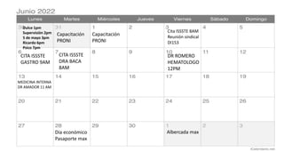 Capacitación
PRONI
Capacitación
PRONI
Cita ISSSTE 8AM
Reunión sindical
DI153
CITA ISSSTE
GASTRO 9AM
CITA ISSSTE
DRA BACA
8AM
DR ROMERO
HEMATOLOGO
12PM
MEDICINA INTERNA
DR AMADOR 11 AM
Dia económico
Pasaporte max
Dulce 1pm
Supervisión 2pm
5 de mayo 3pm
Ricardo 6pm
Psico 7pm
Albercada max