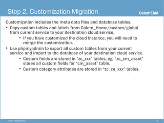 CalemEAM
6© 2017 CalemEAM Inc.
Step 2. Customization Migration
Customization includes the meta data files and database tables.
• Copy custom tables and labels from Calem_Home/custom/global
from current service to your destination cloud service.
• If you have customized the cloud instance, you will need to
merge the customization.
• Use phpmyadmin to export all custom tables from your current
service and import to the database of your destination cloud service.
• Custom fields are stored in “zc_xxx” tables, eg, “zc_cm_asset”
stores all custom fields for “cm_asset” table.
• Custom category attributes are stored in “zc_za_xxx” tables.
 