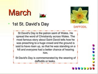 March 1st St. David’s Day St David's Day is the patron saint of Wales. He spread the word of Christianity across Wales. The most famous story about Saint David tells how he was preaching to a huge crowd and the ground is said to have risen up, so that he was standing on a hill and everyone had a better chance of hearing him. St David's Day is commemorated by the wearing of daffodils or leeks.  DAFFODIL 
