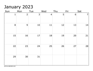 January 2023
Sun Mon Tue Wed Thu Fri Sat
1 2 3 4 5 6 7
8 9 10 11 12 13 14
15 16 17 18 19 20 21
22 23 24 25 26 27 28
29 30 31
print-a-calendar.com
 