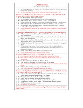 APRILIE (30 zile)
ziua 13 ore, noaptea 11 ore
1 S Cuv. Maria Egipteanca; Cuv. Macarie Mărt. (Sâmbăta a V-a din Post - Pomenirea morţilor)
(Dezlegare la ulei şi vin)
2 D Cuv. Tit, făcătorul de minuni; Sf. Mc. Amfian şi Edesie (Dezlegare la ulei şi vin)
Duminica a V-a din Post (a Cuv. Maria Egipteanca); Ap. Evrei IX, 11-14; Galateni III, 23-29;
Ev. Marcu X, 32-45; Luca VII, 36-50; glas 8, voscr. 8
3 L Cuv. Nichita Mărt.; Sf. Mc. Elpidifor (Post)
4 M Cuv. Gheorghe de la Maleon, Zosima şi Platon; Iosif, imnograful (Post)
5 M Sf. Mc. Claudie, Diodor, Nichifor, Serapion, Teodul şi Agatopod (Post)
6 J Sf. Mc. Irineu, Ep. de Sirmium; Sf. Eutihie, Patr. Constantinopolului; Cuv. Platonida (Post)
7 V Sf. Mc. Gheorghe Mărt., Ep. Mitilenei; Sf. Mc. Caliopie, Achilina şi Rufin diac. (Post)
8 S Sf. Ap. Irodion, Agav, Ruf, Flegon, Asincrit şi Hermas (Sâmbăta lui Lazăr - Pomenirea
morţilor) (Dezlegare la ulei şi vin)
9 D Sf. Mc. Eupsihie din Cezareea; Sf. Mc. Vadim arhim. (Denia de Duminică seara) (Dezlegare
la peşte)
(†) Duminica a VI-a din Post (a Floriilor - Stâlpărilor); Ap. Filipeni IV, 4-9; Ev. Ioan XII, 1-18
10 L Sf. Mc. Terentie, Pompie, African şi Maxim; Sf. Mc. Dima (Denia de Luni seara) (Numai
seara, pâine şi apă)
11 M †) Sf. Ier. Calinic de la Cernica; Sf. Sfinţit Mc. Antipa; Cuv. Trifina (Denia de Marţi seara)
(Numai seara, pâine şi apă)
12 M †) Sf. Mc. Sava de la Buzău; Sf. Ier. Vasile Mărt.; Sf. Antuza (Sf. şi Marea Miercuri; Denia de
Miercuri seara) (Numai seara, pâine şi apă)
13 J Sf. Sfinţit Mc. Artemon (Sf. şi Marea Joi - Pomenirea morţilor; Denia celor 12 Evanghelii)
(Post)
14 V Sf. Martin Mărt., Ep. Romei; Sf. Mc. Tomaida; † Sf. Ier. Pahomie de la Gledin, Ep.
Romanului (Sf. şi Marea Vineri - Scoaterea Sf. Aer; Denia Prohodului Domnului) (Zi
aliturgică) (Post negru)
15 S Sf. Ap. Aristarh, Pud şi Trofim; Sf. Mc. Crescent (Post negru)
16 D Sf. Mc. fecioare Agapia, Irina şi Hionia (Vecernia Învierii)
(†) Duminica Sf. Învieri (Sf. Paşti); Ap. Fapte I, 1-8; Ev. Ioan I, 1-17
17 L (†) A doua zi de Paşti; Sf. Mc. Simeon, Ep. Persiei; Sf. Acachie, Ep. Melitinei
18 M (†) A treia zi de Paşti; Cuv. Ioan, ucenicul Sf. Grigorie Decapolitul; Sf. Cosma, Ep.
Calcedonului
19 M Cuv. Ioan Paleolavritul; Sf. Sfinţit Mc. Pafnutie (Harţi)
20 J †) Sf. Teotim, Ep. Tomisului; Cuv. Teodor Trihina; Sf. Ap. Zaheu
21 V †) Izvorul Tămăduirii; Sf. Sfinţit Mc. Ianuarie; Sf. Mc. Alexandra, împărăteasa; Sf. Mc. Filipia
(Harţi)
22 S Sf. Teodor Sicheotul, Ep. Anastasiopolei; Sf. Ap. Natanail
23 D †) Sf. M. Mc. Gheorghe, Purtătorul de biruinţă; Sf. Mc. Valerie
Duminica a II-a după Paşti (a Sf. Ap. Toma); Ap. Fapte XII, 1-11; Fapte V, 12-20; Ev. Ioan XV,
17-27; XVI, 1-2; Ioan XX, 19-31; glas 1, voscr. 1
24 L †) Sf. Ier. Mărt.: Ilie Iorest şi Sava, Mitr. Transilvaniei; Sf. Ier. Iosif Mărt. din Maramureş;
Sf. Mc. Pasicrat şi Valentin din Durostorum; Cuv. Elisabeta
25 M Sf. Ap. şi Ev. Marcu; †) Cuv. Vasile de la Poiana Mărului
26 M Sf. Mc. Vasile, Ep. Amasiei; Sf. Glafira (Dezlegare la peşte)
27 J Sf. Sfinţit Mc. Simeon, ruda Domnului; Sf. Ap. Aristarh, Marcu şi Zinon
28 V Sf. Ap. Iason şi Sosipatru; Sf. Mc. Maxim, Cvintilian şi Dada (Dezlegare la peşte)
29 S Sf. 9 Mc. din Cizic; Cuv. Memnon Mărt.
30 D Sf. Ap. Iacob, fiul lui Zevedeu
Duminica a III-a după Paşti (a Mironosiţelor); Ap. Fapte VI, 1-7; Ev. Marcu XV, 43-47; XVI, 1-
8; glas 2, voscr. 4
 