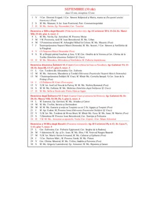 SEPTEMBRIE (30 zile)
ziua 12 ore, noaptea 12 ore
1 V † Cuv. Dionisie Exiguul; † Cuv. Simeon Stâlpnicul şi Marta, mama sa (Începutul anului
bisericesc) (Post)
2 S Sf. Mc. Mamant; S. Ier. Ioan Postitorul, Patr. Constantinopolului
3 D Sf. Mc. Antim, Ep. Nicomidiei; Cuv. Teoctist
Duminica a XIII-a după Rusalii (Pilda lucrătorilor răi); Ap. I Corinteni XVI, 13-24; Ev. Matei
XXI, 33-44; glas 4, voscr. 2
4 L Sf. Mc. Vavila, Ep. Antiohiei; Sf. Prooroc Moise
5 M † Sf. Proororia, tatăl Sf. Ioan Botezătorul; Sf. Mc. Urban
6 M † Pomenirea minunii Sf. Arhanghel Mihail în Colose; Sf. Mc. Macarie (Post)
7 J Înainteprăznuirea Naşterii Maicii Domnului; Sf. Mc. Sozont; † Cuv. Simeon şi Amfilohie de
la Pângăraţi
8 V (†) Naşterea Maicii Domnului (Post)
9 S Sf. şi Drepţii părinţi Ioachim şi Ana; †) Sf. Cuv. Onufrie de la Vorona şi Cuv. Chiriac de la
Tazlău (Sâmbăta dinaintea Înălţării Sf. Cruci)
10 D Sf. Mc. Minodora, Mitrodora şi Nimfodora; Sf. Pulheria împărăteasa
Duminica dinaintea Înălţării Sf. Cruci (Convorbirea lui Iisus cu Nicodim); Ap. Galateni VI, 11-
18; Ev. Ioan III, 13-17; glas 5, voscr. 3
11 L Cuv. Teodora din Alexandria; Cuv. Eufrosin
12 M Sf. Mc. Autonom, Macedonie şi Teodul (Odovania Praznicului Naşterii Maicii Domnului)
13 M † Înainteprăznuirea Înălţării Sf. Cruci; Sf. Sfinţit Mc. Corneliu Sutaşul; †) Cuv. Ioan de la
Prislop (Post)
14 J (†) Înălţarea Sf. Cruci (Post negru)
15 V †) Sf. Ier. Iosif cel Nou de la Partoş; Sf. M. Mc. Nichita Romanul (Post)
16 S Sf. M. Mc. Eufimia; Sf. Mc. Meletina (Sâmbăta după Înălţarea Sf. Cruci)
17 D Sf. Mc. Sofia şi fiicele sale: Pistis, Elpis şi Agapi
Duminica după Înălţarea Sf. Cruci (Luarea Crucii şi urmarea lui Hristos); Ap. Galateni II, 16-
20; Ev. Marcu VIII, 34-38; IX, 1; glas 6, voscr. 4
18 L Sf. Eumenie, Ep. Gortinei; Sf. Mc. Ariadna şi Castor
19 M Sf. Mc. Trofim, Savatie şi Dorimedont
20 M Sf. M. Mc. Eustatie şi soţia sa Teopista cu cei 2 fii: Agapie şi Teopist (Post)
21 J Sf. Ap. Codrat; Sf. Prooroc Iona (Odovania Praznicului Înălţării Sf. Cruci)
22 V †) Sf. Ier. Mc. Teodosie de M-rea Brazi; Sf. Sfinţit Mc. Foca; Sf. Mc. Isaac; Sf. Martin (Post)
23 S † Zămislirea Sf. Prooroc Ioan Botezătorul; Cuv. Xantipa şi Polixenia
24 D † Sf. M. Mc., întocmai cu apostolii, Tecla; Cuv. Coprie; +Cuv. Siluan Athonitul
Duminica a XVIII-a după Rusalii (Pescuirea minunată); Ap. II Corinteni IX, 6-11; Ev. Luca V,
1-11; glas 7, voscr. 5
25 L Cuv. Eufrosina; Cuv. Pafnutie Egipteanul; Cuv. Serghie de la Radonej
26 M † Adormirea Sf. Ap. şi Ev. Ioan; Sf. Mc. Hira; † Sf. Voievod Neagoe Basarab
27 M †) Sf. Ier. Martir Antim Ivireanul; Sf. Mc. Calistrat şi Epiharia (Post)
28 J † Cuv. Hariton Mărt.; Sf. Prooroc Varuh; Sf. Mc. Pimen
29 V Cuv. Chiriac Sihastrul; Sf. Mc. Trifon, Gudelia şi Petronia (Post)
30 S Sf. Mc. Grigorie Luminătorul, Ep. Armeniei; Sf. Mc. Ripsimia şi Gaiani
 