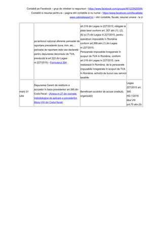 Contabili pe Facebook – grup de intrebari si raspunsuri - https://www.facebook.com/groups/461223925594/
Contabili si resurse pentru ei – pagina stiri contabile si nu numai - https://www.facebook.com/fiscalitate/
www.cabinetexpert.ro – stiri contabile, fiscale, resurse umane - la zi
pe teritoriul na ional aferente perioadei deț
raportare precedente (luna, trim. etc. ;
perioada de raportare este cea declarată
pentru depunerea decontului de TVA,
prevăzută la art.322 din Legea
nr.227/2015) - Formularul 394
art.316 din Legea nr.227/2015, obligate la
plata taxei conform art. 307 alin.(1), (2),
(6) i (7) din Legea nr.227/2015, pentruș
opera iuni impozabile în Româniaț
conform art.268 alin.(1) din Legea
nr.227/2015.
Persoanele impozabile înregistrate în
scopuri de TVA în România, conform
art.316 din Legea nr.227/2015, care
realizează în România, de la persoanele
impozabile înregistrate în scopuri de TVA
în România, achizi ii de bunuri sau serviciiț
taxabile.
mar i 31ț
iulie
Depunerea Cererii de restituire a
accizelor în baza prevederilor art.395 din
Codul fiscal - (Anexa nr.27 din normele
metodologice de aplicare a prevederilor
titlului VIII din Codul fiscal)
Beneficiarii scutirilor de accize (institu ii,ț
organiza ii)ț
Legea
227/2015 art.
395
HG 1/2016
titlul VIII
pct.75 alin.(5)
 