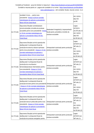 Contabili pe Facebook – grup de intrebari si raspunsuri - https://www.facebook.com/groups/461223925594/
Contabili si resurse pentru ei – pagina stiri contabile si nu numai - https://www.facebook.com/fiscalitate/
www.cabinetexpert.ro – stiri contabile, fiscale, resurse umane - la zi
rezultate în luna ..., pentru luna
precedentă - Anexa nr.26 din normele
metodologice de aplicare a prevederilor
titlului VIII din Codul fiscal
HG 1/2016
titlul VIII
pct.85
luni 16 iulie
Depunerea Situa iei centralizatoareț
privind achizi iile i livrările de produseț ș
accizabile pentru luna precedentă - Anexa
nr.19 din normele metodologice de
aplicare a prevederilor titlului VIII din
Codul fiscal
Destinatarii înregistra i i reprezentan iiț ș ț
fiscali pentru achizi iile i livrările deț ș
produse accizabile
Legea
227/2015
art.375 alin.(1)
HG 1/2016
titlul VIII
pct.46 alin.(2)
luni 16 iulie
Depunerea Situa iei privind opera iunileț ț
desfă urate în antrepozitul fiscal deș
produc ie de alcool i băuturi spirtoaseț ș
pentru luna precedentă - Anexa nr.12 din
normele metodologice de aplicare a
prevederilor titlului VIII din Codul fiscal
Antrepozitarii autoriza i pentru produc ieț ț
produse accizabile
Legea
227/2015 art.
367 alin.(1)
lit.l)
HG 1/2016
titlul VIII
pct.39 alin.(2)
luni 16 iulie
Depunerea Situa iei privind opera iunileț ț
desfă urate în antrepozitul fiscal deș
produc ie de vinuri/bauturiț
fermentate/produse intermediare pentru
luna precedentă - Anexa nr.13 din
normele metodologice de aplicare a
prevederilor titlului VIII din Codul fiscal
Antrepozitarii autoriza i pentru produc ieț ț
produse accizabile
Legea
227/2015 art.
367 alin.(1)
lit.l)
HG 1/2016
titlul VIII
pct.39 alin.(2)
luni 16 iulie
Depunerea Situa iei privind opera iunileț ț
desfă urate în antrepozitul fiscal deș
produc ie de bere pentru luna precedentăț
- Anexa nr.14 din normele metodologice
de aplicare a prevederilor titlului VIII din
Codul fiscal
Antrepozitarii autoriza i pentru produc ieț ț
produse accizabile
Legea
227/2015 art.
367 alin.(1)
lit.l)
HG 1/2016
titlul VIII
pct.39 alin.(2)
luni 16 iulie
Depunerea Situa iei privind opera iunileț ț
desfă urate în antrepozitul fiscal deș
produc ie tutunuri prelucrate pentru lunaț
precedentă - Anexa nr.15 din normele
metodologice de aplicare a prevederilor
titlului VIII din Codul fiscal
Antrepozitarii autoriza i pentru produc ieț ț
produse accizabile
Legea
227/2015 art.
367 alin.(1)
lit.l)
HG 1/2016
titlul VIII
pct.39 alin.(2)
luni 16 iulie
Depunerea Situa iei privind opera iunileț ț
desfă urate în antrepozitul fiscal deș
produc ie de produse energetice pentruț
Antrepozitarii autoriza i pentru produc ieț ț
produse accizabile
Legea
227/2015 art.
367 alin.(1)
 