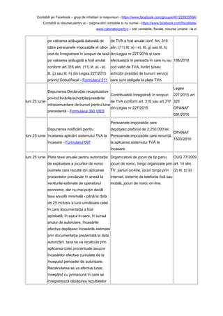 Contabili pe Facebook – grup de intrebari si raspunsuri - https://www.facebook.com/groups/461223925594/
Contabili si resurse pentru ei – pagina stiri contabile si nu numai - https://www.facebook.com/fiscalitate/
www.cabinetexpert.ro – stiri contabile, fiscale, resurse umane - la zi
pe valoarea adăugată datorată de
către persoanele impozabile al căror
cod de înregistrare în scopuri de taxă
pe valoarea adăugată a fost anulat
conform art.316 alin. (11) lit. a) - e),
lit. g) sau lit. h) din Legea 227/2015
privind Codul fiscal - Formularul 311
de TVA a fost anulat conf. Art. 316
alin. (11) lit. a) - e), lit. g) sau lit. h)
din Legea nr.227/2015 i careș
efectuează în perioada în care nu au
cod valid de TVA, livrări i/sauș
achizi ii /prestări de bunuri/ serviciiț
care sunt obligate la plata TVA
188/2018
luni 25 iunie
Depunerea Declara iei recapitulativeț
privind livrările/achizi iile/prestărileț
intracomunitare de bunuri pentru luna
precedentă - Formularul 390 VIES
Contribuabilii înregistra i în scopuriț
de TVA conform art. 316 sau art.317
din Legea nr.227/2015
Legea
227/2015 art.
325
OPANAF
591/2016
luni 25 iunie
Depunerea notificării pentru
încetarea aplicării sistemului TVA la
încasare - Formularul 097
Persoanele impozabile care
depă esc plafonul de 2.250.000 lei;ș
Persoanele impozabile care renun ăț
la aplicarea sistemului TVA la
încasare.
OPANAF
1503/2016
luni 25 iunie Plata taxei anuale pentru autoriza iaț
de exploatare a jocurilor de noroc
(sumele care rezultă din aplicarea
procentelor prevăzute în anexă la
veniturile estimate de operatorul
economic, dar nu mai pu in decâtț
taxa anuală minimală - până la data
de 25 inclusiv a lunii următoare celei
în care documenta ia a fostț
aprobată; în cazul în care, în cursul
anului de autorizare, încasările
efective depă esc încasările estimateș
prin documenta ia prezentată la dataț
autorizării, taxa se va recalcula prin
aplicarea cotei procentuale asupra
încasărilor efective cumulate de la
începutul perioadei de autorizare.
Recalcularea se va efectua lunar,
începând cu prima lună în care se
înregistrează depă irea rezultatelorș
Organizatorii de jocuri de tip pariu,
jocuri de noroc, bingo organizate prin
TV, pariuri on-line, jocuri bingo prin
internet, sisteme de telefonie fixă sau
mobilă, jocuri de noroc on-line.
OUG 77/2009
art. 14 alin.
(2) lit. b) iii)
 