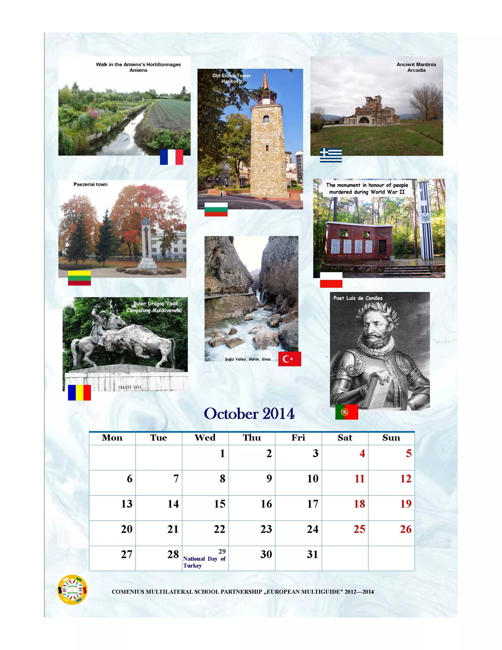 Calendar promoting the main tourist attractions in each region of partners in project