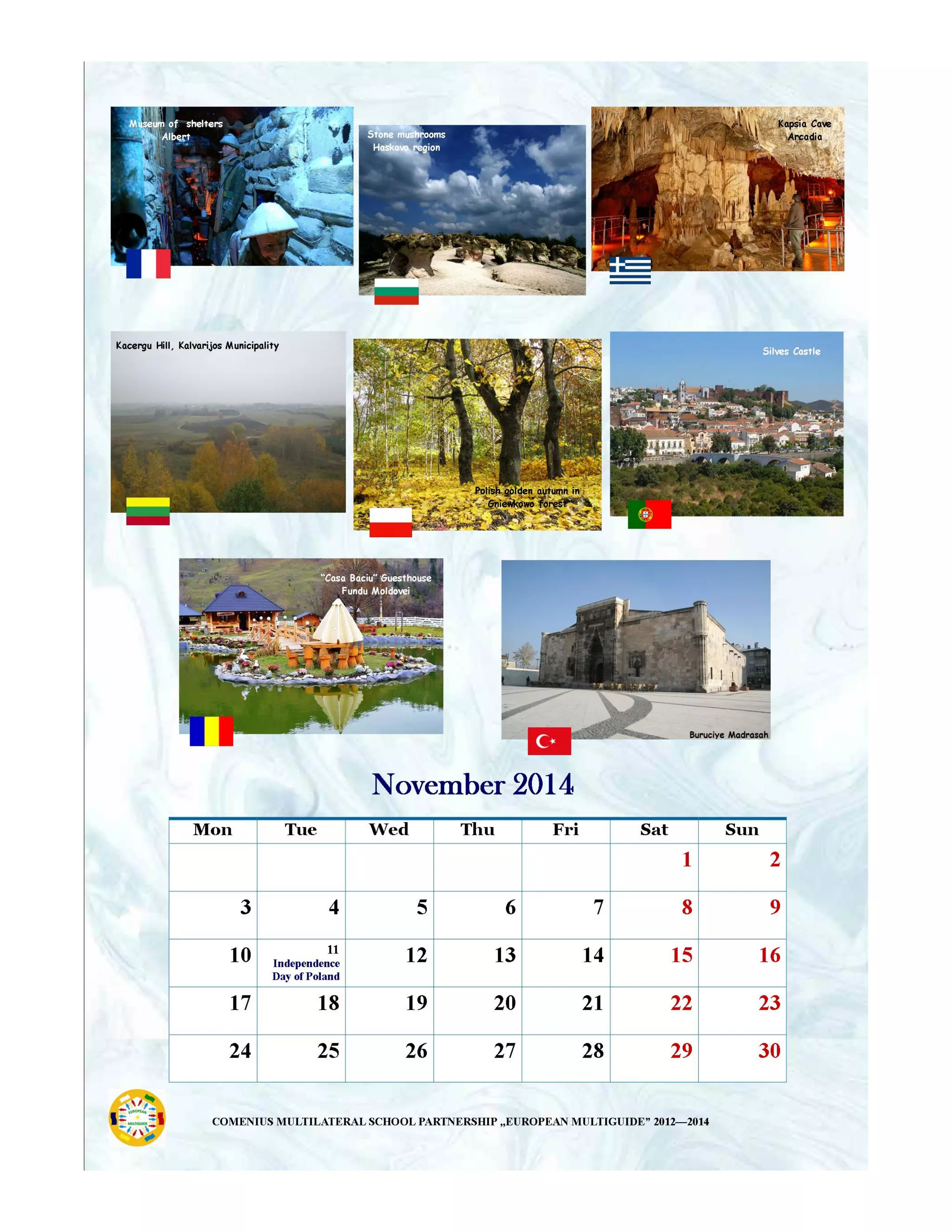 Calendar promoting the main tourist attractions in each region of partners in project