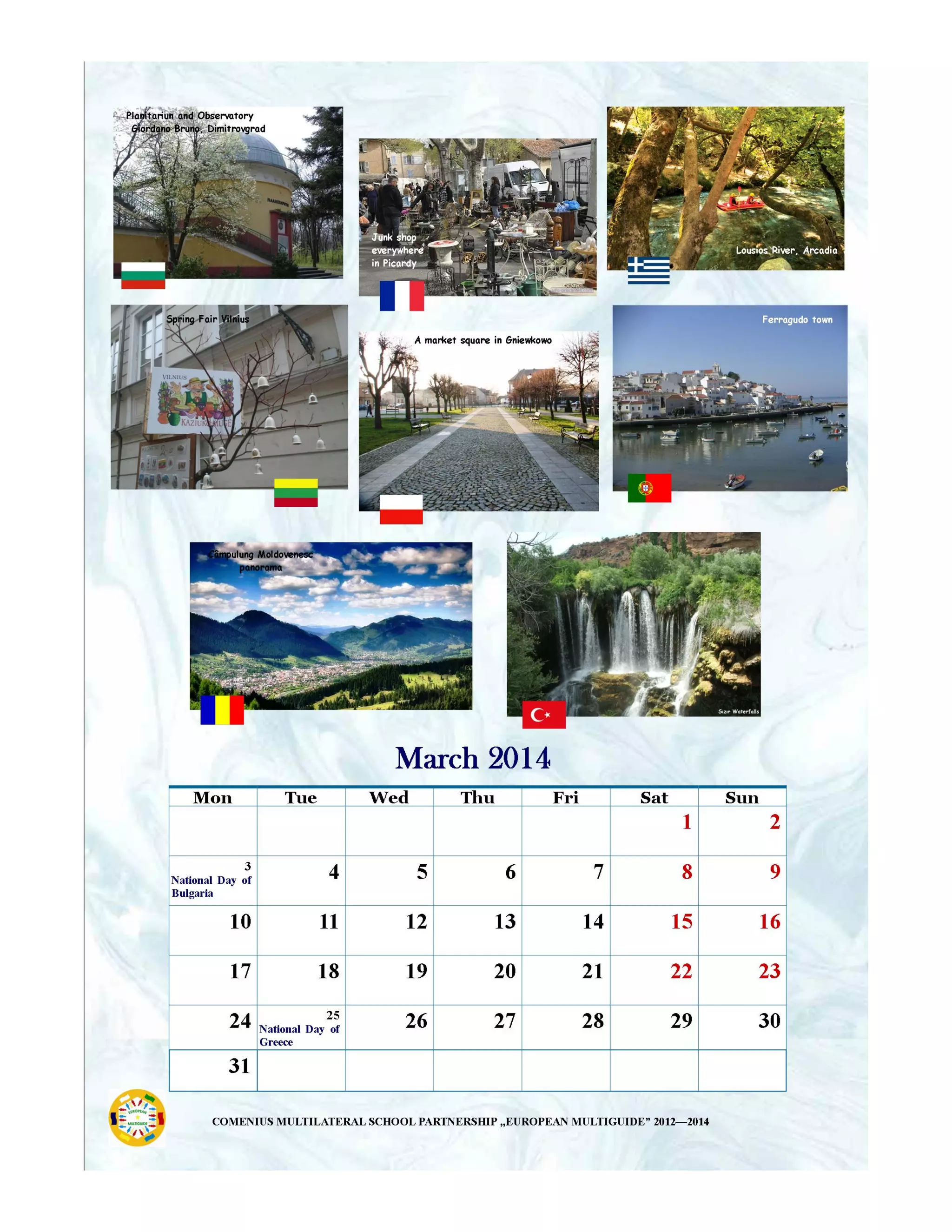 Calendar promoting the main tourist attractions in each region of partners in project