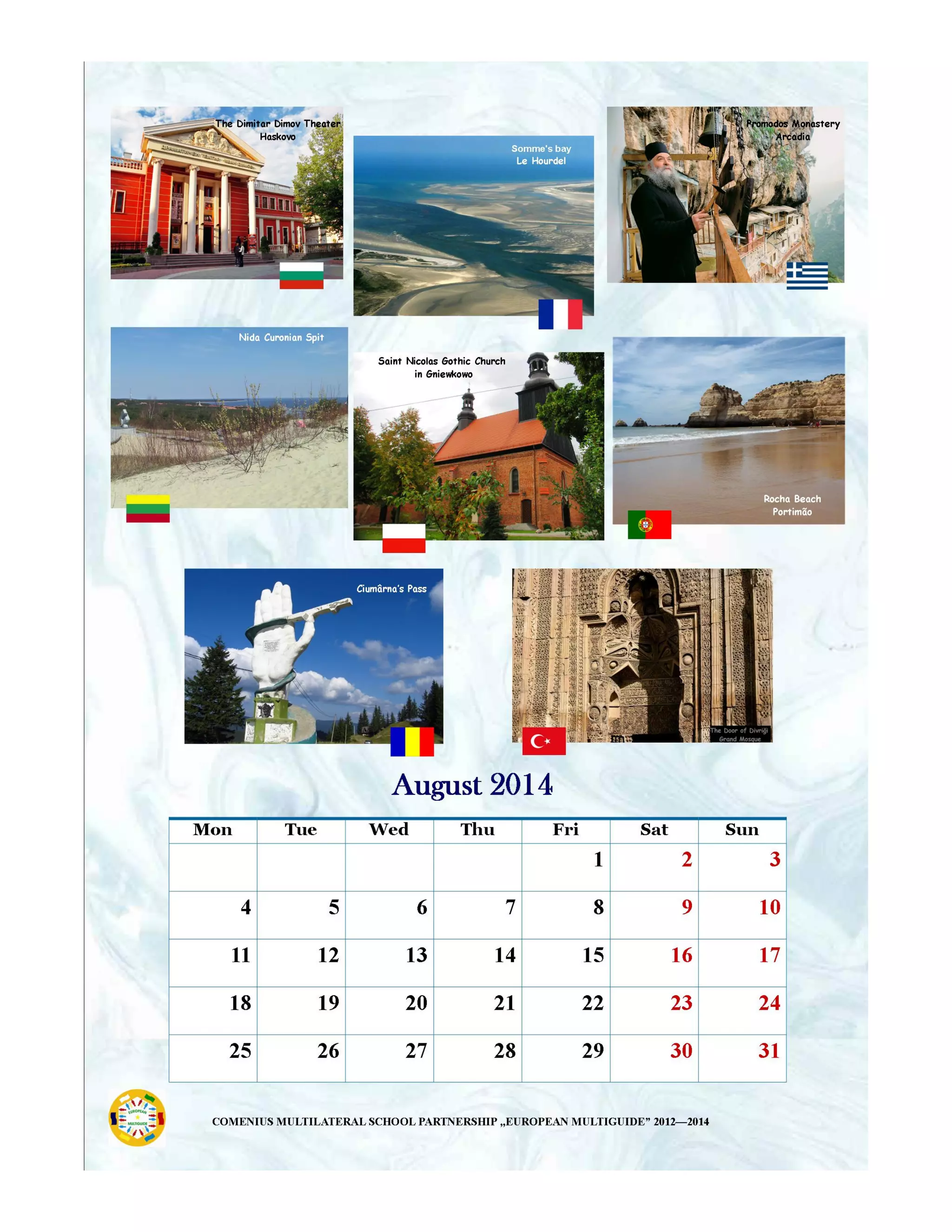 Calendar promoting the main tourist attractions in each region of partners in project