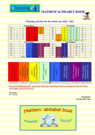 MATHEM'ALPHABET BOOK

                                            -Planning activities for the school year 2010 – 2011
                                     SEPTEMBER                                                                                                OCTOBER
 Mo                                  6   13    20                             27                           Mo                             4      11   18                         25
 Tu                                   7  14    21                             28                           Tu                             5      12   19                         26
 We                         1         8  15    22                             29                           We                             6      13   20                         27
 Th                         2         9  16    23                             30                           Th                             7      14   21                         28
 Fr                         3        10  17    24                                                          Fr                      1      8      15   22                         29
 Sa                         4        11  18    25                                                          Sa                      2      9      16   23                         30
 Su                         5        12  19    26                                                          Su                      3      10     17   24                         31
                                         W1   W2                                                                                  W3     W4     W5    W6                         W7
                                     NOVEMBER                                                                                                DECEMBER
 Mo                                1      8    15                             22                   29      Mo                             6      13   20                         27
 Tu                                2      9    16                             23                   30      Tu                             7      14   21                         28
 We                                3     10    17                             24                           We                 1           8      15   22                         29
 Th                                4     11    18                             25                           Th                 2           9      16   23                         30
 Fr                                5     12    19                             26                           Fr                 3           10     17   24                         31
 Sa                                6     13    20                             27                           Sa                 4           11     18   25
 Su                                7     14    21                             28                           Su                 5           12     19   26
                                   W8    W9  W 10                            W 11                                            W 12        W 13 W 14
   (September 2010 - ...)




                                                      vocabulary (English)


                                                                                    STEP 4: Creation of




                                                                                                             STEP 5: Share your
    STEP 1: Our pupils




                                vocabulary (native




                                                                                                                                                              STEP 6: European




                                                                                                                                                                                 Celebrations. End
                                                                                                                                                                                 between teachers.
                                                                                                                                          between students




                                                                                                                                                                                  Online meetings
                                                                                                                                           Online meeting
                                  Mathematical




                                                         Mathematical




                                                                                                                                                                mathematical
                                                                                                                                                                 vocabulary
                                    language)
                                     STEP 2:




                                                           STEP 3:




                                                                                         posters




                                                                                                                  posters




13.09-26.09                     27.09-3.10           04.10-10.10              11.10-24.10                 08.11-14.11                  15.11-21.11           22.11-05.12         06.12-12.12

From 13.12.2010 onwards: each team will send a Christmas card or greetings for the New Year.
19.12.2010: end of the Project .
Acronym:
W = Week
                                                                                                                                                                            Good luck!
                                                                                                                                                                      Carole and Crina
 
