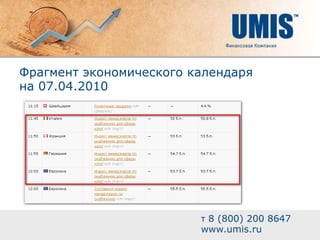 Фрагмент экономического календаря
на 07.04.2010




                         т 8 (800) 200 8647
                         www.umis.ru
 