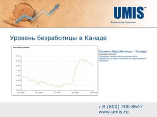 Уровень безработицы в Канаде т  8 (800) 200 8647 www.umis.ru Уровень безработицы - Канада Unemployment rate Показывает процентное отношение числа безработных к общей численности трудоспособного населения. 