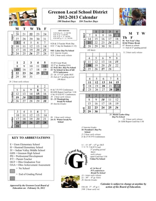 Greenon Local School District
                                                2012-2013 Calendar
                                                      180 Student Days          184 Teacher Days


             M        T    W Th        F               OPEN HOUSES
             August
                                                                                                           1    2      3      4
             20       21   22   23     24
                                                8/20 E/H gr. K – 4, 5:00 PM
                                                                                                                                       M             T W




                                                                                   January 2013
                                                8/20 IV gr. 5, 6:00 PM
                                                                                                   7       8    9     10     11
 August




             27       28   29   30     31
                                                8/20 IV gr. 6 – 8, 7:00 PM
                                                8/20 GHS, gr. 9 – 12, 7:00 PM
                                                                                                  14      15   16     17     18      Th F
                                                                                                                                     01 New Year’s Day
             3         4    5    6      7    8/20 & 21Teacher Work Day                            21      22   23     24     25      02-04 Winter Break
                                                                                                                                     07 Return to school
             10       11   12   13     14                                                         28      29   30     31
 September




                                             8/22 1st day for Students (1-12)
                                                                                                                                     11 End of 2nd grading period
             17       18   19   20     21    9/03 Labor Day/No School                             (42 days)
                                                                                                                                     11 2-hour early release
             24       25   26   27     28    9/21 Interim Grades
                                             9/26 2-hour early release                                                        1
                                                                                                   4       5    6      7      8
                                                                                                  11      12   13     14     15




                                                                                   February
              1        2    3    4      5     01-05 Count Week
              8        9   10   11     12     02 3rd gr. Reading OAA                              18      19   20     21     22
                                             12 Prof. Dev. Day/No School
             15       16   17   18     19    15 No School/ in lieu of fall                        25      26   27     28
 October




                                                 P/T Conferences
             22       23   24   25     26    22 –26 11th/12th grade OGT                                                       1
             29       30   31                26 End of 1st grading period
                                                       (46 days)                                   4       5     6     7      8
26 2-hour early release
                                                                                  March           11      12    13    14     15
                                 1      2                                                         18      19    20    21     22
              5        6    7    8      9    01 & 7 IV P/T Conferences                            25      26    27    28     29
                                             08 GHS Report Card Fair 3:30
 November




             12       13   14   15     16    15 & 19 E/H P/T Conferences
                                             20 2-hour early release                               1       2    3      4      5
             19       20   21   22     23
             26       27   28   29     30
                                             21 - 23 Thanksgiving                                  8       9   10     11     12
                                                     break/No School
                                             30 Interim Grades                                    15      16   17     18     19
                                                                                                  22      23   24     25     26
                                                                                  April




              3        4    5   6       7                                                         29      30
                                                                                                                       21 Martin Luther King
             10       11   12   13     14                                                                                 Day/No School
                                             06 2-hour early release
 December




             17       18   19   20     21    24–31 Winter break/No                                                                   24 2-hour early release
                                                    School                                                                      24 GHS Report Card Fair 3:30
             24       25   26   27     28
             31                                                                   15 Interim Grades
                                                                                  18 President’s Day/No
                                                                                      School
                                                                                  21 2-hour early release
                                                                                  21 & 27 IV P/T Conferences
     KEY TO ABBREVIATIONS

E = Enon Elementary School                                                        11 – 15 10th – 12th gr. OGT
H = Hustead Elementary School                                                     14 & 20 E/H P/T Conf.
IV = Indian Valley Middle School                                                  22 End of 3rd grading period
                                                                                         (47 days)
GHS = Greenon High School                                                         22 2-hour early release
PD = Professional Development                                                     28 GHS Report Card Fair 3:30
P/T = Parent-Teacher                                                              29 Good Friday/No School
OGT = Ohio Graduation Test
OAA = Ohio Achievement Assessment
      = No School                                                                 1 No School / in lieu of
                                                                                      Spring P/T conferences
                                                                                  2-5 Spring Break/No School
             = End of Grading Period                                              10 2-hour early release
                                                                                  22 – 30th – 8th gr. OAA
                                                                                  26 Interim Grades

                                                                                                               Calendar is subject to change at anytime by
Approved by the Greenon Local Board of
  Education on: February 16, 2012
                                                                                  5/01-03 3rd – 8th gr. OAA        action of the Board of Education.
                                                                                  5/08 2-hour early release
 