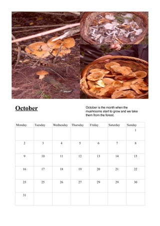 October                                   October is the month when the
                                          mushrooms start to grow and we take
                                          them from the forest.


Monday   Tuesday   Wednesday   Thursday     Friday       Saturday    Sunday
                                                                          1



    2        3         4            5             6           7           8



    9        10        11          12            13          14           15



   16        17        18          19            20          21           22



   23        25        26          27            29          29           30



   31
 