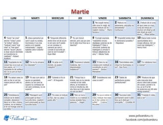 LUNI                      MARTI                    MIERCURI                          JOI                         VINERI                    SAMBATA                     DUMINICA
                                                                                                                  1 "Ne scapă mereu            2 ”Natura ne                 3 „Trebuie să ai curaj
                                                                                                                  câte ceva în viaţă, de       aseamana, educatia ne        să spui ceea ce crezi,
                                                                                                                  aceea trebuie să ne          deosebeste” -                curaj să mergi pe
                                                                                                                  naştem mereu." - Marin       Confucius                    drumul cel drept şi să
                                                                                                                  Sorescu                                                   stai drept pe acel
                                                                                                                                                                            drum." - Mihai Sofian

4 ''Cand ''as vrea''        5 „Daca pamantul pe        6 “Singurele diferente      7 “Eu am trecut                8 “Cunoşti expresia          9 "Imposibil exista doar 10 Esecul este numai
devine ''vreau'',cand       care-l cauti nu exista,    dintre tine cel de acum     demult, prin usa pe care       "realizările omului          in dictionarul prostilor."   oportunitatea de a
''ar trebui'' devine        Dumnezeu il va crea        si cel care vei fi peste    tie iti este inca frica sa o   depăşeşc puterea sa de       - Napoleon                   incepe altceva, intr-un
''trebuie'',cand ''mai      pentru a-ti rasplati       un an constau in            deschizi”                      înţelegere"? Este o                                       mod mai inteligent." -
intai'' si ''mai apoi''     indrazneala.” -regina      oamenii pe care ii                                         minciună: puterea de                                      Henry Ford
devine ''acum'',atunci      Isabela catre Cristofor    cunosti si lucrurile pe                                    înţelegere a omului îi
si doar atunci dorintele    Columb                     care le vei fi invatat” -                                  întrece stăpânirea de
se transforma in                                       Ryan Blair                                                 sine.” - Nikola Tesla
realitate'' - Robert
Rodford
11 “Ingrijeste-te de        12 "Ce nu te omoara        13 “Ai grija ce-ti          14 "Dusmanul iubeste 15 "O tara nu se                       16 "Demnitatea este          17 “Cu rabdarea treci
corpul tau ca si cum ai     te intareste!"             doresti, se poate           tradarea, dar                  creeaza prin institutii si   chipul lui Dumnezeu in       si marea!”
trai vesnic, si                                        indeplini!”                 dispretuieste                  constitutie ce prin          om". Dan Puric
ingrijeste-te de sufletul                                                          tradatorul!"                   oameni" - Simion
tau ca si cum ai muri                                                                                             Mehedinti
maine!"

18 "Fa astazi ceea ce 19 “Fii asa cum esti si 20 “Iubeste si fa ce                 21 “Timpul tau e               22 “Intotdeauna vezi         23 “Ideile de                24 “Picatura de apa
altii nu fac si vei trai    spune ce gandesti,         vrei!” - Sf Augustin        limitat, asa ca nu pierde      ceea ce esti!”               perfectiune produc           este marunta doar
maine precum altii nu       pentru ca cei care se                                  vremea si trai viata                                        perfectiunea!”               atunci când este scoasa
pot"                        supara nu conteaza iar                                 altora, ai incredere in                                                                  din ocean; puneti-o la
                            cei care conteaza, nu se                               inima si intuitia ta, ele                                                                loc, şi va fi la fel
                            supara!”                                               stiu fara sa-ti dai seama                                                                de puternica pe cât este
                                                                                   ce vrei sa devi!”                                                                        intreg oceanul.”
25 “Intotdeauna             26 “Managerii sunt         27 “Fa ceea ce trebuie 28 “Nici un lucru                   29 “Ca sa ai ordine in       30 “Succesul este            31 “Traieste-ti viata,
trebuie sa te dedici        preocupati sa faca         sa faci, dar nu calca       maret nu s-a realizat in       viata, trebuie mai intai     permanent cand il obtii      este a ta!”
complet, deoarece           lucrurile bine. Leaderii   peste altii.”               lumea aceasta fara             sa iti faci ordine in        fara sa-ti distrugi
daca nu o faci, cineva,     sunt preocupati sa faca                                pasiune.” - Hegel              suflet.” - Cristina          principiile.” - Cronkite W
undeva, se va dedica        lucrurile bune.”                                                                      Miculete
si te va invinge cind te
va intilni.”


                                                                                                                                                                 www.pelivandoru.ro
                                                                                                                                                              facebook.com/pelivandoru
 