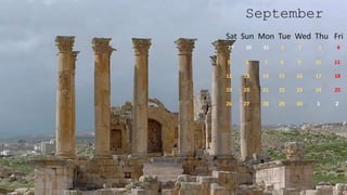 September
Sat Sun Mon Tue Wed Thu Fri
29 30 31 1 2 3 4
5 6 7 8 9 10 11
12 13 14 15 16 17 18
19 20 21 22 23 24 25
26 27 28 29 30 1 2
 