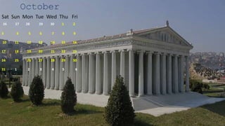October
Sat Sun Mon Tue Wed Thu Fri
26 27 28 29 30 1 2
3 4 5 6 7 8 9
10 11 12 13 14 15 16
17 18 19 20 21 22 23
24 25 26 27 28 29 30
31 1 2 3 4 5 6
 
