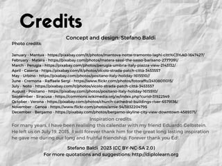 Credits
Photo credits:
January - Mantua - https://pixabay.com/it/photos/mantova-notte-tramonto-laghi-citt%C3%A0-1647427/
F...