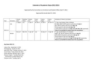 Calendar of Academic Dates 2012-2013

                                     Approved by the Committee on Enrolment and Student Affairs April 7, 2011

                                                          Approved by Senate April 27, 2011



                      Classes     Reading   Classes      Exam       Exams       Exams       Schedule of Pattern End Dates
Year      Semester    Start       Week      End          Prep       Begin       End
                      T, Sept 4   n/a       T, Dec 41    W, Dec 5   R, Dec 6    W, Dec 19   1
                                                                                             T, Dec 4 will follow a Mon schedule.
          Fall                                                                              M, MW, MWF & MTR patterns will end on T, Dec 4.
                                                                                            WF, TRF & F patters will end on F, Nov. 30.
                                                                                            TR & R patterns will end on R, Nov. 29.
                                                                                            T & W patterns will end on T, Nov. 27 & W, Nov. 28 respectively.
2012-13                                                                                     There is no shortfall of contact hours for any pattern.
                      M, Jan 7    Mar 4-8   T, Apr 162   n/a        W, Apr 17   T, Apr 30   2
                                                                                             T, Apr 16 will follow a Fri schedule.
          Winter                                                                            MWF, TRF, WF & F patterns will end on T, Apr 16.
                                                                                            MTR, MW & M patterns will end on M, Apr 15.
                                                                                            TR & R patterns will end on R, Apr 11.
                                                                                            T & W patterns will end on T, Apr 9 & W, Apr 10 respectively.
                                                                                            There is no shortfall of contact hours for any pattern.


Key Dates 2012-13

Labour Day: September 3, 2012
Thanksgiving: October 8, 2012
New Year’s Day: Tuesday, January 1, 2013
Good Friday: Friday, March 29, 2013
Easter Monday, Monday, April 1, 2013
Passover begins: Tuesday, March 26
  (commences sundown March 25)
Passover ends: Tuesday, April 2
 