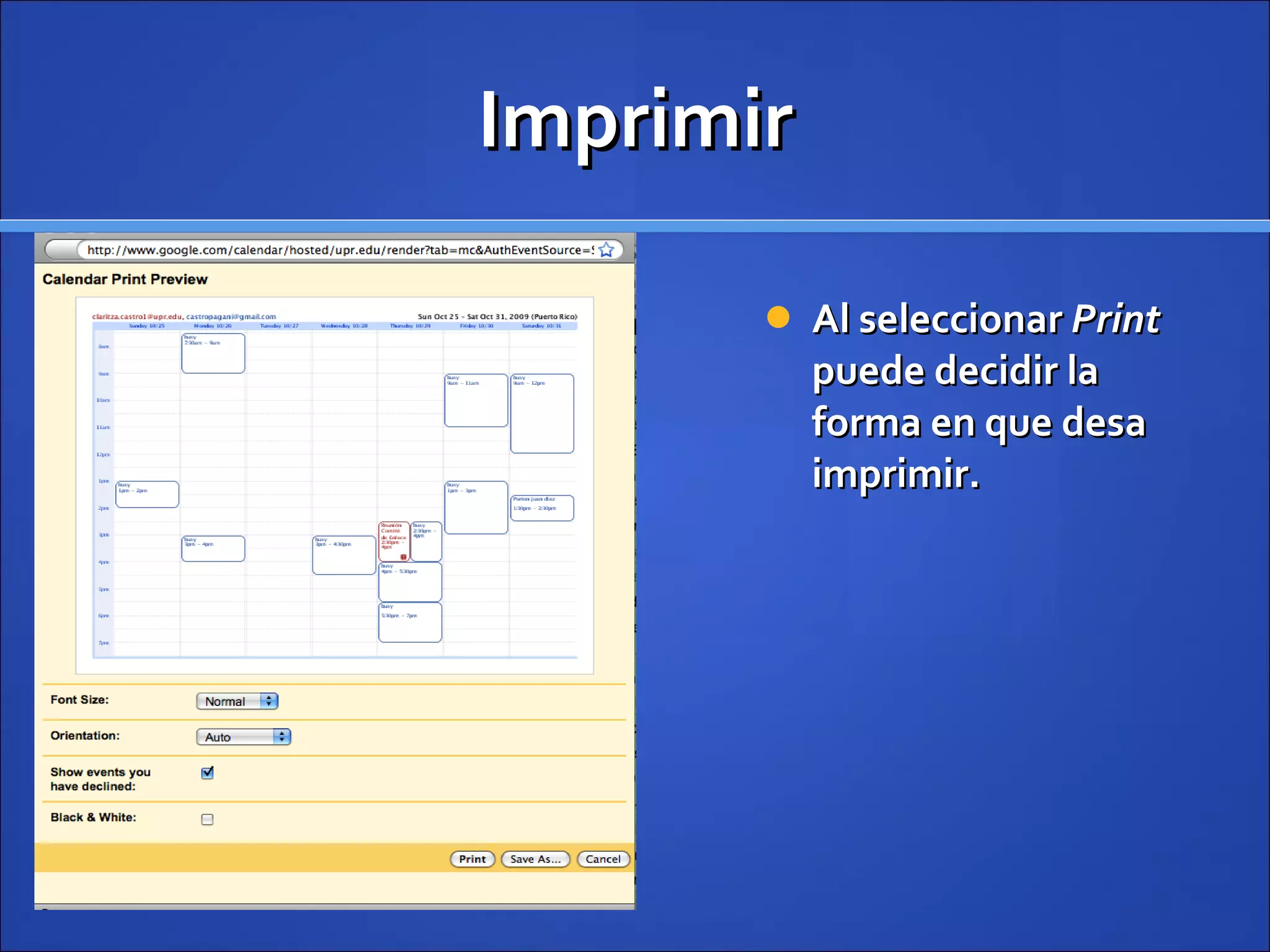 Imprimir Al seleccionar  Print  puede decidir la forma en que desa imprimir. 