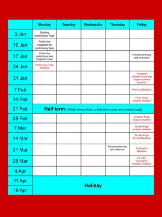 Calendar outlining deadlines and targets