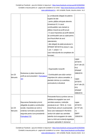 Contabili pe Facebook – grup de intrebari si raspunsuri - https://www.facebook.com/groups/461223925594/
Contabili si resurse pentru ei – pagina stiri contabile si nu numai - https://www.facebook.com/fiscalitate/
www.cabinetexpert.ro – stiri contabile, fiscale, resurse umane - la zi
au următoarele obliga ii de plată laț
bugetul de stat:
- pentru plă ile anticipate aferenteț
trimestrului IV, în cazul
contribuabililor care declară iș
plătesc impozit pe profit anual;
- în cazul impozitului pe profit datorat
de contribuabilii care au optat pentru
anul fiscal diferit de anul
calendaristic;
- alte obliga ii de plată prevăzute înț
OPANAF 587/2016 la anexa 4, cap.
I, pct. 1, subpct. 1.3.
(vezi instruc iunile de completare dinț
formular)
luni 25
februarie
Declararea i plata impozitului peș
profit pe anul precedent - Formularul
101
- Organiza iile nonprofitț
- Contribuabilii care ob in venituriț
majoritare din cultura cerealelor, a
plantelor tehnice i a cartofului,ș
pomicultură i viticulturăș
Legea
227/2015
art.41 alin.(5)
lit.a)
OPANAF
3386/2016
Legea
227/2015
art.41 alin.(5)
lit.b)
OPANAF
3386/2016
luni 25
februarie
Depunerea Declara iei privindț
obliga iile de plată a contribu iilorț ț
sociale, impozitului pe venit iș
eviden a nominală a persoanelorț
asigurate pentru luna precedentă -
Formularul 112
Persoanele fizice i juridice care auș
calitatea de angajatori sau sunt
asimilate acestora, institu iileț
prevăzute la art. 136 lit. d) - f) din
Codul fiscal, precum i persoaneleș
fizice care realizează în România
venituri din salarii sau asimilate
salariilor de la angajatori din state
care nu intră sub inciden a legisla ieiț ț
europene aplicabile în domeniul
Legea
227/2015
art.147 alin.
(1)
OMFP
1209/2018
Contabili pe Facebook – grup de intrebari si raspunsuri - https://www.facebook.com/groups/461223925594/
Contabili si resurse pentru ei – pagina stiri contabile si nu numai - https://www.facebook.com/fiscalitate/
www.cabinetexpert.ro – stiri contabile, fiscale, resurse umane - la zi
 