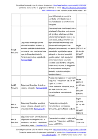 Contabili pe Facebook – grup de intrebari si raspunsuri - https://www.facebook.com/groups/461223925594/
Contabili si resurse pentru ei – pagina stiri contabile si nu numai - https://www.facebook.com/fiscalitate/
www.cabinetexpert.ro – stiri contabile, fiscale, resurse umane - la zi
securită ii sociale, precum i aț ș
acordurilor privind sistemele de
securitate socială la care România
este parte.
luni 25
februarie
Depunerea Declara iei privindț
veniturile sub formă de salarii iș
asimilate salariilor din străinătate
ob inute de către persoanele fiziceț
care desfă oară activitate înș
România pentru luna precedentă -
Formularul 224
Persoanele fizice care î i desfă oarăș ș
activitatea în România, ob in venituriț
sub formă de salarii sau asimilate
salariilor de la angajatori care nu au
sediu social, sediu permanent sau
reprezentan ă în România i careț ș
datorează contribu iile socialeț
obligatorii pentru salaria ii lor, potrivitț
prevederilor legisla iei europeneț
aplicabile în domeniul securită iiț
sociale, precum i ale acordurilorș
privind sistemele de securitate
socială la care România este parte,
i care nu au încheiat cu angajatorulș
un acord referitor la obliga iaț
declarării i pl ii contribu iilorș șț ț
sociale obligatorii.
Legea
227/2015 art.
82 alin.(2)
OPANAF
3780/2017
luni 25
februarie
Depunerea Decontului de taxă pe
valoarea adăugată - Formularul 300
Persoanele impozabile înregistrate în
scopuri de TVA conform art. 316 din
Legea nr.227/2015
Lunar, trimestrial, semestrial, anual,
altă dată- după caz (vezi
instruc iunile de completare dinț
formular)
Legea
227/2015
art.323 alin.
(1)
OPANAF
591/2017
luni 25
februarie
Depunerea Decontului special de
taxa pe valoarea adăugată pentru
luna precedentă - Formularul 301
Persoanele men ionate înț
instruc iunile de completare aț
formularului, pentru fiecare sec iune.ț
Legea
227/2015
art.324 alin.
(2)
OPANAF
592/2016
luni 25
februarie
Depunerea Cererii privind utilizarea
ca perioadă fiscală pentru TVA a
semestrului sau anului calendaristic
pentru anul curent - Formularul 306
Persoanele impozabile înregistrate în
scopuri de TVA conform art.316 din
Legea nr.227/2015.
OPANAF
2037/2016
Contabili pe Facebook – grup de intrebari si raspunsuri - https://www.facebook.com/groups/461223925594/
Contabili si resurse pentru ei – pagina stiri contabile si nu numai - https://www.facebook.com/fiscalitate/
www.cabinetexpert.ro – stiri contabile, fiscale, resurse umane - la zi
 