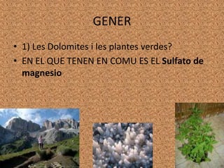 GENER1) Les Dolomites i les plantes verdes?EN EL QUE TENEN EN COMU ES EL Sulfato de magnesio 