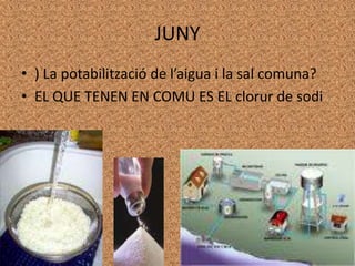 JUNY) La potabilització de l’aigua i la sal comuna?EL QUE TENEN EN COMU ES EL clorur de sodi