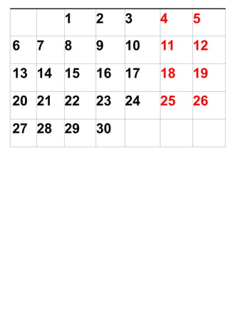 1 2 3 4 5
6 7 8 9 10 11 12
13 14 15 16 17 18 19
20 21 22 23 24 25 26
27 28 29 30
 