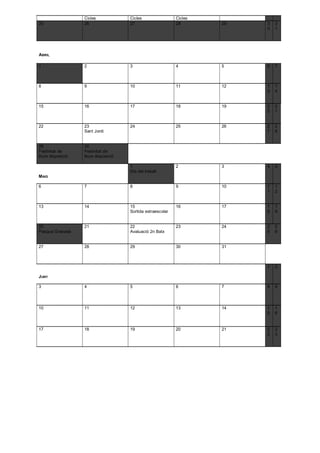 Cicles              Cicles                 Cicles
25                  26                  27                     28       29   3   3
                                                                             0   1




ABRIL

1                   2                   3                      4        5    6   7



8                   9                   10                     11       12   1   1
                                                                             3   4


15                  16                  17                     18       19   2   2
                                                                             0   1


22                  23                  24                     25       26   2   2
                    Sant Jordi                                               7   8


29                  30
Festivitat de       Festivitat de
lliure disposició   lliure disposició

                                        1                      2        3    4   5
                                        Dia del treball
MAIG

6                   7                   8                      9        10   1   1
                                                                             1   2


13                  14                  15                     16       17   1   1
                                        Sortida extraescolar                 8   9


20                  21                  22                     23       24   2   2
Pasqua Granada                          Avaluació 2n Batx                    5   6


27                  28                  29                     30       31



                                                                             1   2

JUNY

3                   4                   5                      6        7    8   9




10                  11                  12                     13       14   1   1
                                                                             5   6


17                  18                  19                     20       21   2   2
                                                                             2   3
 