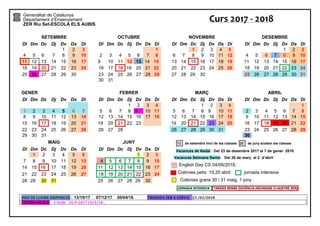 Generalitat de Catalunya
Departament d’Ensenyament
ZER Riu Set-ESCOLA ELS AUBIS
Curs 2017 - 2018
JORNADA INTENSIVA TARDES SENSE DOCÈNCIA (REUNIONS CLAUSTRE ZER)
DIES DE LLIURE DISPOSICIÓ : 13/10/17 07/12/17 30/04/18. TROBADA ZER A CERVIÀ 23 /03/2018
FESTES LOCALS: L’ALBI: 26-9-2017 i 9/2/18 ,
SETEMBRE OCTUBRE NOVEMBRE DESEMBRE
Dl Dm Dc Dj Dv Ds Di Dl Dm Dc Dj Dv Ds Di Dl Dm Dc Dj Dv Ds Di Dl Dm Dc Dj Dv Ds Di
1 2 3 1 1 2 3 4 5 1 2 3
4 5 6 7 8 9 10 2 3 4 5 6 7 8 6 7 8 9 10 11 12 4 5 6 7 8 9 10
11 12 13 14 15 16 17 9 10 11 12 13 14 15 13 14 15 16 17 18 19 11 12 13 14 15 16 17
18 19 20 21 22 23 24 16 17 18 19 20 21 22 20 21 22 23 24 25 26 18 19 20 21 22 23 24
25 26 27 28 29 30 23 24 25 26 27 28 29 27 28 29 30 25 26 27 28 29 30 31
30 31
GENER FEBRER MARÇ ABRIL
Dl Dm Dc Dj Dv Ds Di Dl Dm Dc Dj Dv Ds Di Dl Dm Dc Dj Dv Ds Di Dl Dm Dc Dj Dv Ds Di
1 2 3 4 1 2 3 4 1
1 2 3 4 5 6 7 5 6 7 8 9 10 11 5 6 7 8 9 10 11 2 3 4 5 6 7 8
8 9 10 11 12 13 14 12 13 14 15 16 17 18 12 13 14 15 16 17 18 9 10 11 12 13 14 15
15 16 17 18 19 20 21 19 20 21 22 23 19 20 21 22 23 24 25 16 17 18 19 20 21 22
22 23 24 25 26 27 28 26 27 28 26 27 28 29 30 31 23 24 25 26 27 28 29
29 30 31 30
MAIG JUNY 12 de setembre inici de les classes 22 de juny acaben les classes
Vacances de Nadal : Del 23 de desembre 2017 al 7 de gener 2018
Vacances Setmana Santa: Del 26 de març al 2 d’abril
English Day CS 04/06/2018,
Colònies petis 19,20 abril jornada intensiva
Colònies grans 30 i 31 maig, 1 juny
Dl Dm Dc Dj Dv Ds Di Dl Dm Dc Dj Dv Ds Di
1 2 3 4 5 6 1 2 3
7 8 9 10 11 12 13 4 5 6 7 8 9 10
14 15 16 17 18 19 20 11 12 13 14 15 16 17
21 22 23 24 25 26 27 18 19 20 21 22 23 24
28 29 30 31 25 26 27 28 29 30
 