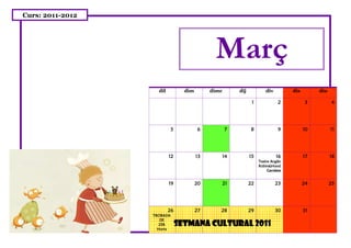 Curs: 2011-2012




                                             Març
                    dil          dim        dimc        dij            div         dis        diu

                                                               1              2          3          4




                          5             6          7          8               9          10         11




                          12           13          14         15             16          17         18
                                                                   Teatre Anglès
                                                                   Robin&Hood
                                                                        Gandesa


                          19           20          21         22             23          24         25




                          26           27      28             29             30          31
                  TROBADA
                     DE
                     ZER       SETMANA CULTURAL 2011
                    Horta
 