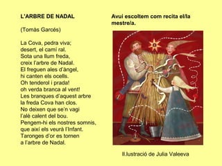 L'ARBRE DE NADAL                Avui escoltem com recita el/la
                                mestre/a.
(Tomàs Garcés)

La Cova, pedra viva;
desert, el camí ral.
Sota una llum freda,
creix l’arbre de Nadal.
El freguen ales d’àngel,
hi canten els ocells.
Oh tenderol i prada!
oh verda branca al vent!
Les branques d’aquest arbre
la freda Cova han clos.
No deixen que se’n vagi
l’alè calent del bou.
Pengem-hi els nostres somnis,
que així els veurà l’Infant.
Taronges d’or es tornen
a l’arbre de Nadal.

                                    Il.lustració de Julia Valeeva
 