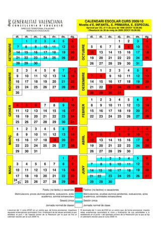 CALENDARI ESCOLAR CURS 2009/10
                                                                                  Nivells d’E. INFANTIL, E. PRIMÀRIA, E. ESPECIAL
                     DIRECCIÓ TERRITORIAL D’ALACANT                                            Aprovat per OC. d’11 de juny de 1998 (DOGV 18.06.98)
                          INSPECCIÓ D’EDUCACIÓ                                                  i Resolució de 28 de maig de 2009 (DOCV 05.06.09)


            dl.         dt.     dc.      dj.       dv.       ds.        dg.                       dl.      dt.     dc.         dj.       dv.        ds.        dg.
                         1       2       3          4         5           6                                                     1          2          3         4
SETEMBRE




                                                                                    OCTUBRE
                7       8        9       10       11         12         13                         5       6         7          8          9        10         11
            14         15       16       17       18         19         20                        12       13       14         15        16         17         18
            21         22       23       24       25         26         27                        19       20       21         22        23         24         25
            28         29       30                                                                26       27       28         29        30         31
                                                                      1
            2            3       4       5          6         7               8                            1         2          3          4          5         6
NOVEMBRE




                                                                                    DESEMBRE
            9           10      11      12         13        14         15                         7       8         9         10        11         12         13
            16          17      18      19         20        21         22                        14       15       16         17        18         19         20
            23          24      25      26         27        28         29                        21       22       23         24        25         26         27
            30                                                                                    28       29       30         31

                                                    1         2           3                        1       2         3          4          5          6         7
            4            5       6       7          8         9         10                         8       9        10         11        12         13         14
                                                                                    FEBRER
GENER




            11          12      13      14         15        16         17                        15       16       17         18        19         20         21
            18          19      20      21         22        23         24                        22       23       24         25        26         27         28
            25          26      27      28         29        30         31

            1            2       3       4          5         6           7                                                     1          2          3         4
            8            9      10      11         12        13         14                         5       6         7          8          9        10         11
                                                                                    ABRIL
MARÇ




            15          16      17      18         19        20         21                        12       13       14         15        16         17         18
            22          23      24      25         26        27         28                        19       20       21         22        23         24         25
            29          30      31                                                                26       27       28         29        30

                                                              1           2                                 1        2          3          4          5         6
            3            4       5       6          7         8           9                        7        8        9        10          11        12         13
                                                                                    JUNY
MAIG




            10          11      12      13         14        15         16                        14      15       16         17          18        19         20
            17          18      19      20         21        22         23                        21     22         23         24        25         26         27
           24
                31      25      26      27         28        29         30                        28       29       30

                                        Festiu (no lectiu) o vacances                  Festivo (no lectivo) o vacaciones
           Matriculacions, proves alumnes pendents, avaluacions, actes                 Matriculaciones, pruebas alumnos pendientes, evaluaciones, actos
                                      acadèmics, activitat extraescolars               académicos, actividades extraescolares
                                                           Sessió única                Sesión única
                                           Jornada normal de classe                    Jornada normal de clase.
L'
 alumnat del 1r cicle d' ESÒ en un centre que, de forma provisional, impartisca    El alumnado del 1r ciclo de ESO en un centro que, de forma provisional, imparta
aquestes ensenyances acomodarà l' i finalització de les seues activitats al que
                                     inici                                         estas enseñanzas acomodará el inicio y finalización de sus actividades a lo
estableix el punt 1 de l' apartat primer de la Resolució per la qual se fixa el    establecido en el punto 1 del apartado primero de la Resolución por la que se fija
calendari escolar per al curs 2009-10.                                             el calendario escolar para el curso 2009-10.
 