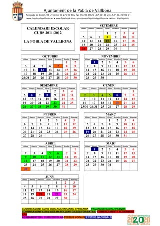 Calendari escolar la pobla de vallbona 2011 2012