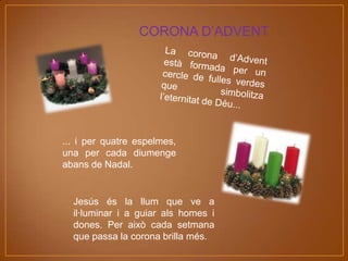 CORONA D’ADVENT

... i per quatre espelmes,
una per cada diumenge
abans de Nadal.

Jesús és la llum que ve a
il·luminar i a guiar als homes i
dones. Per això cada setmana
que passa la corona brilla més.

 