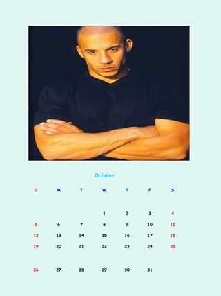 October

S    M    T      W       T    F    S




                  1      2    3    4

5    6    7       8      9    10   11

12   13   14     15      16   17   18

19   20   21     22      23   24   25




26   27   28     29      30   31
 
