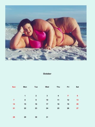 October




Sun   Mon   Tue    Wed      Thu   Fri   Sat




       1     2      3        4    F     6

 7     8     9      10      11    12    13

14    15    16      17      18    19    20

21    22    23      24      25    26    27




28    29    30      31
 